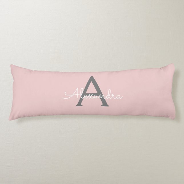 Blush Pink Grau Modernes Script Girly Monogram Nam Seitenschläferkissen (Vorderseite)