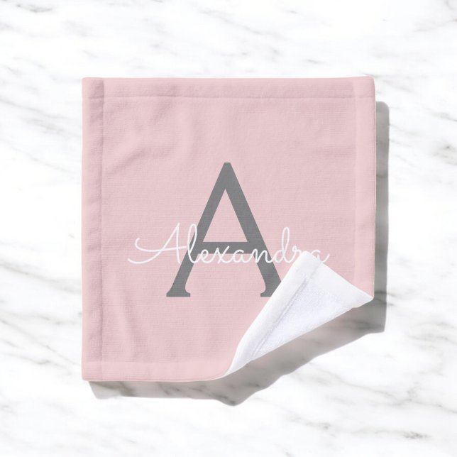 Blush Pink Grau Modernes Script Girly Monogram Nam Waschlappen (Von Creator hochgeladen)