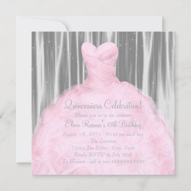 Blush Pink Grau Quinceañera Einladung (Vorderseite)