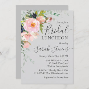 Blush Pink & Gray Bloral Bouquet Bridal Luncheon Einladung