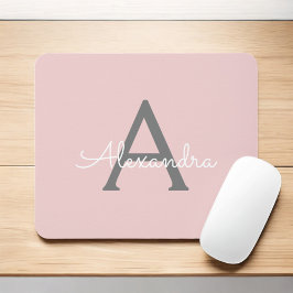 Blush Pink Gray Girly Script Monogram Name Modern Mousepad