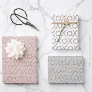Blush Pink Gray Glitzy Silver XOXO Geschenkpapier Set