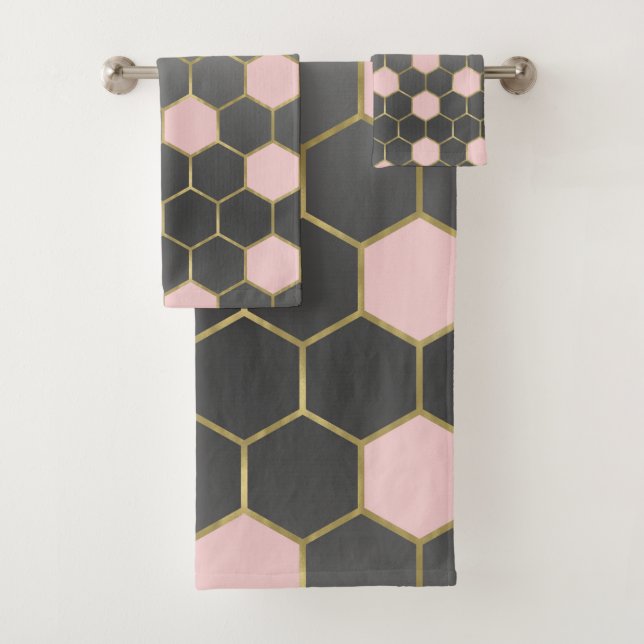 Blush Pink Gray & Gold Hexagon Modernes Glam Badhandtuch Set (Insitu)