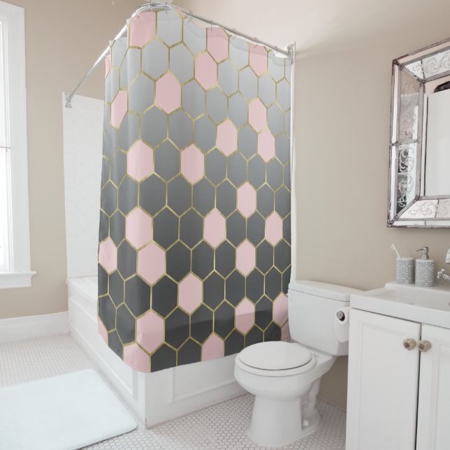 Blush Pink Gray & Gold Hexagon Modernes Glam Duschvorhang (Beispiel)