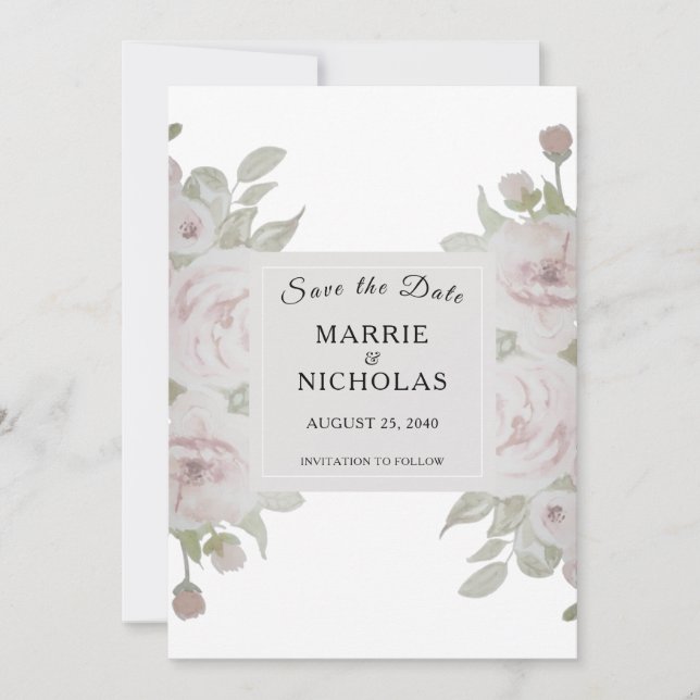 Blush Pink Gray Rose Blumengrün Save The Date (Vorderseite)