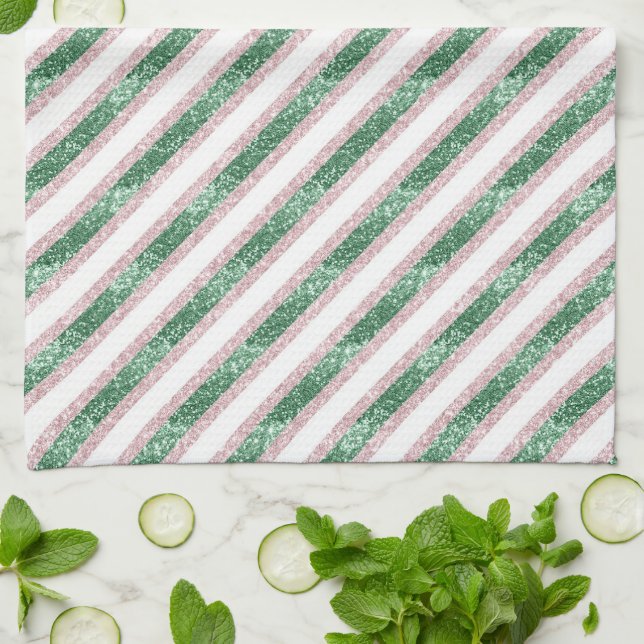 Blush Pink Green Glitter Stripes Christmas   Geschirrtuch (Gefaltet)