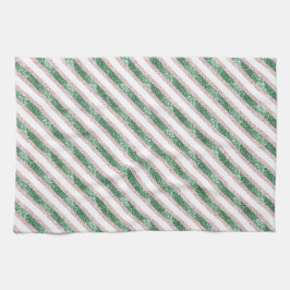 Blush Pink Green Glitter Stripes Christmas Geschirrtuch