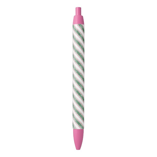 Blush Pink Green Glitter Stripes Christmas   Kugelschreiber (Vorderseite Vertikal)