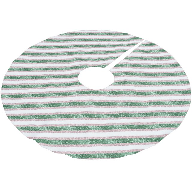 Blush Pink Green Glitter Stripes Christmas   Polyester Weihnachtsbaumdecke (Schrägansicht)