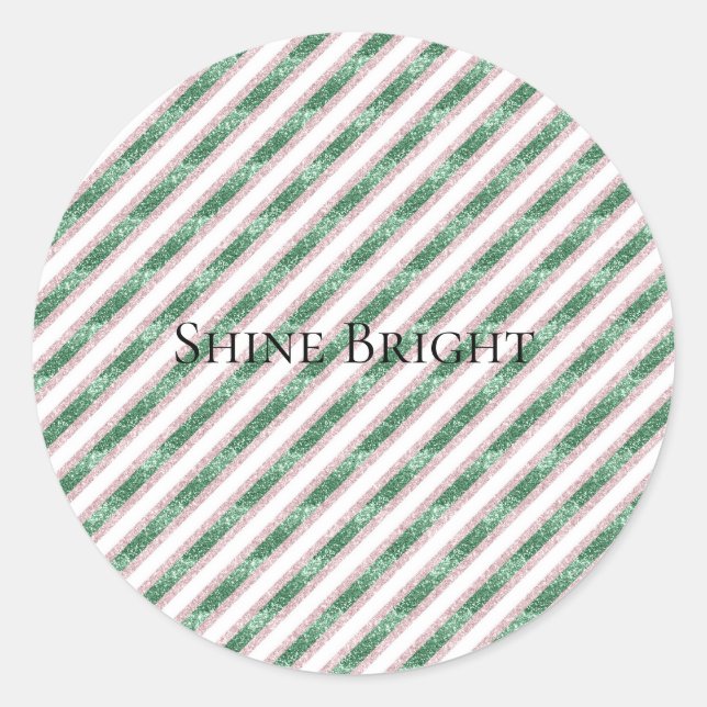 Blush Pink Green Glitter Stripes Christmas   Runder Aufkleber (Vorderseite)