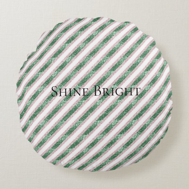 Blush Pink Green Glitter Stripes Christmas   Rundes Kissen (Vorderseite)