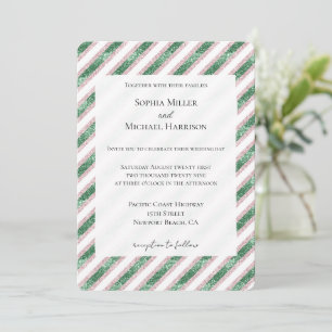 Blush Pink Green Glitzy Glam Chic Stripes Hochzeit Einladung