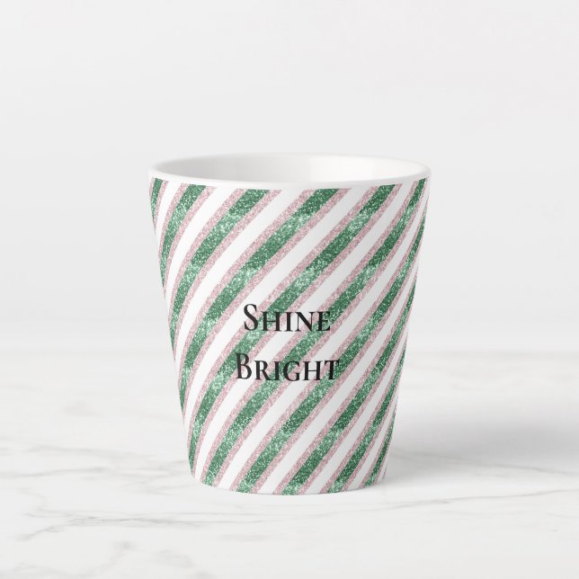 Blush Pink Green Glitzy Glitter Stripes Christmas Milchtasse (Vorderseite)