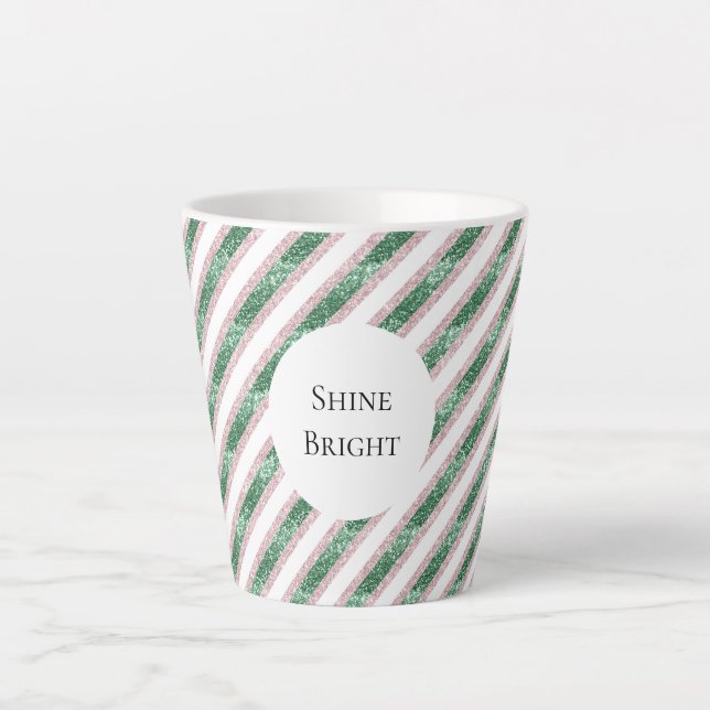 Blush Pink Green Glitzy Stripes Christmas Milchtasse (Vorderseite)