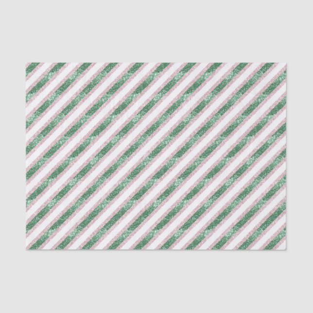 Blush Pink Green Glitzy Stripes Christmas Seidenpapier (Vorderseite)