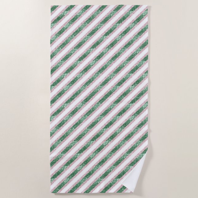 Blush Pink Green Glitzy Stripes   Strandtuch (Vorderseite)