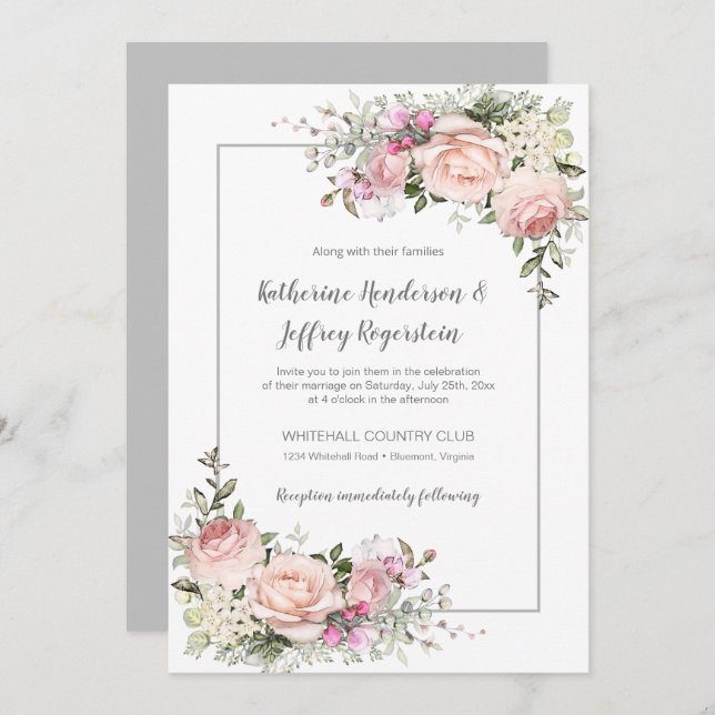 Blush Pink Green Grey Watercolor Blumenzehen Einladung (Vorne/Hinten)