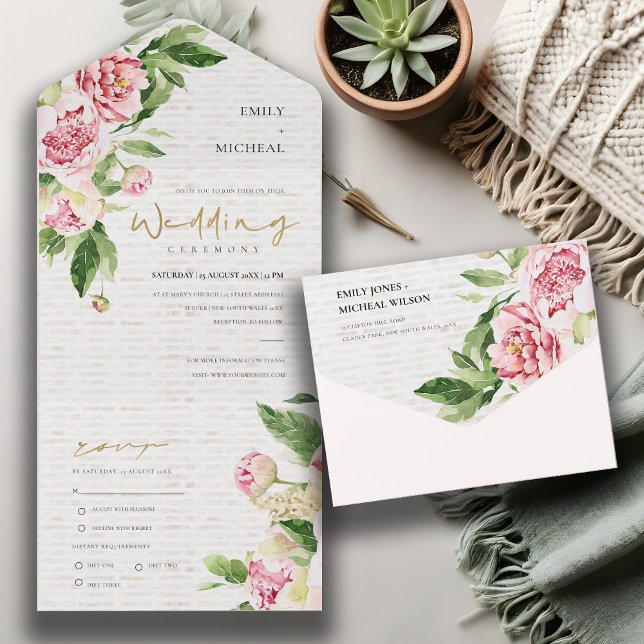 BLUSH PINK GREEN PEONY FLORAL BRICK WASH WEDDING ALL IN ONE EINLADUNG (Von Creator hochgeladen)