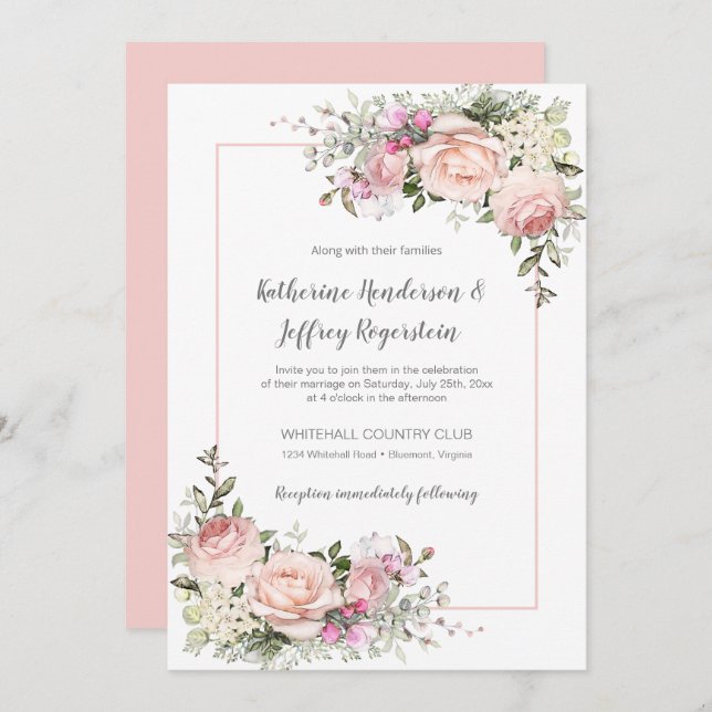 Blush Pink Green Watercolor Blues Hochzeit Einladung (Vorne/Hinten)
