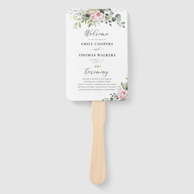 Blush Pink Greenerity Hochzeitsprogramm Hand Fan Fächer (Vorderseite)