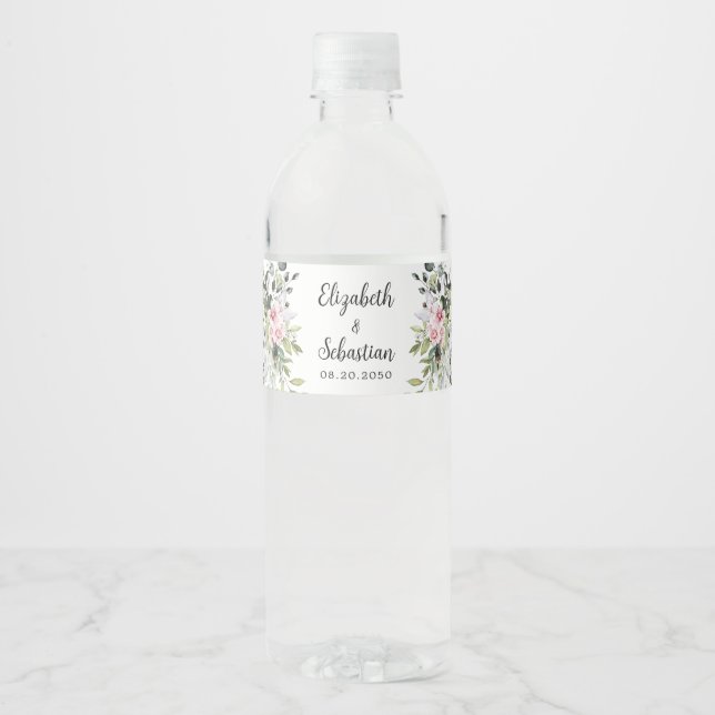 Blush Pink Greenerity Hochzeitswasser Flasche Labe Wasserflaschenetikett (Vorderseite)