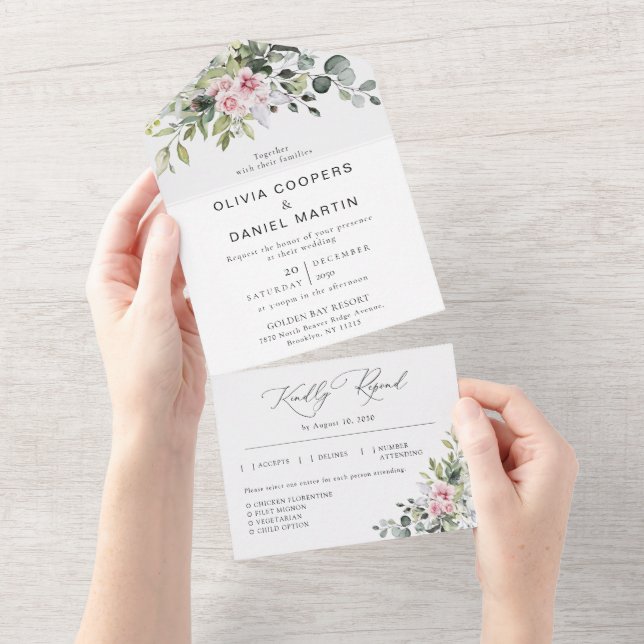 Blush Pink Greenery All in One Wedding Einladung (Abreißen)
