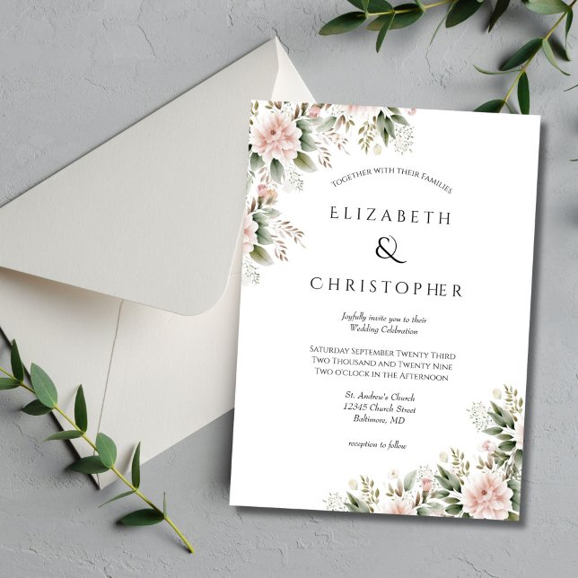 Blush Pink Greenery Bloral Elegante Hochzeit Einladung (Blush pink and greenery watercolor floral wedding invitation)