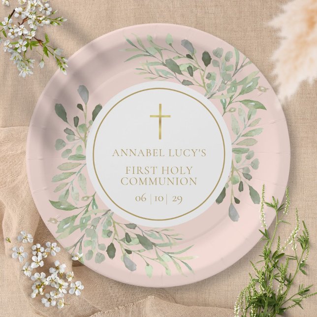 Blush Pink Greenery Erster Kommunion Pappteller (Von Creator hochgeladen)