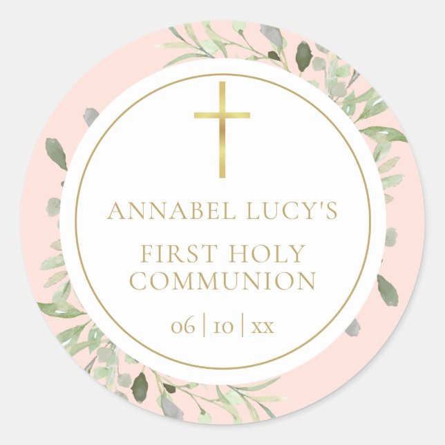 Blush Pink Greenery Erster Kommunion Runder Aufkleber (Vorderseite)