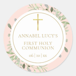 Blush Pink Greenery Erster Kommunion Runder Aufkleber