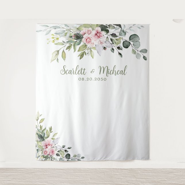 Blush Pink Greenery Hochzeitstorte Wandteppich (Vorderseite)