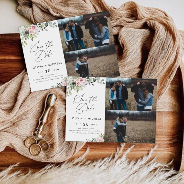 Blush Pink Greenery Save the Date mit Fotokarte (Von Creator hochgeladen)