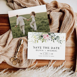 Blush Pink Greenery Save the Date mit Fotokarte
