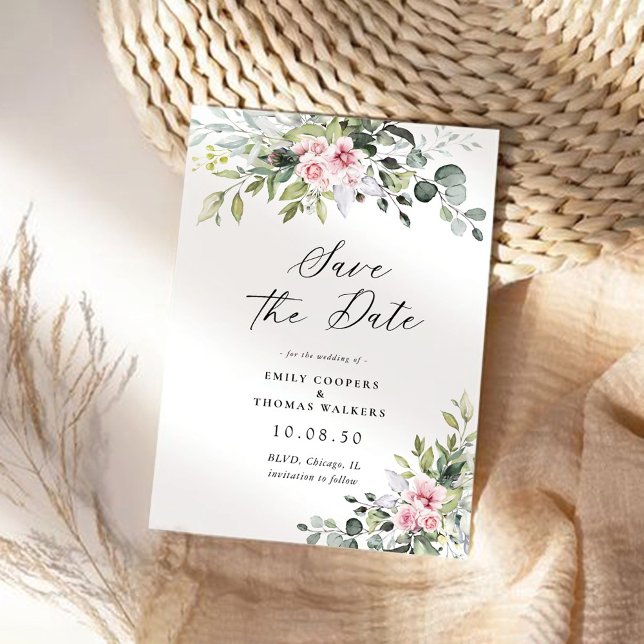 Blush Pink Greenery Save the Date Postkarte (Von Creator hochgeladen)
