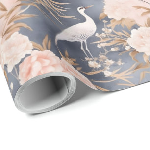 Blush Pink Grey Asian Floral Bird Geschenkpapier