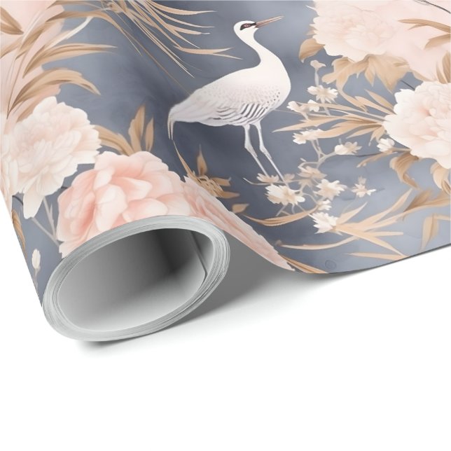 Blush Pink Grey Asian Floral Bird Geschenkpapier (Rolleneckpunkt)