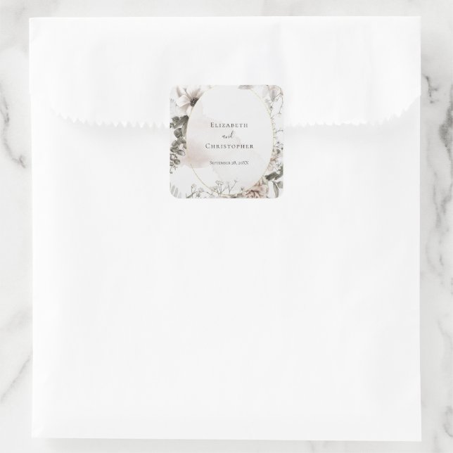 Blush Pink Grey Floral Wassercolor Hochzeit Quadratischer Aufkleber (Tasche)