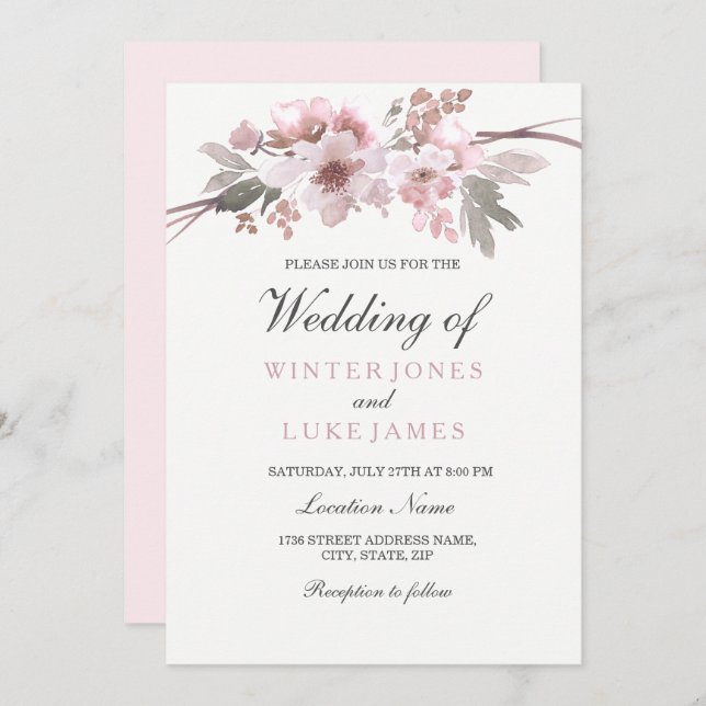 Blush Pink & Grey Winter Floral Wedding Einladung (Vorne/Hinten)