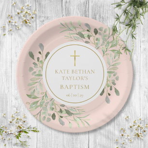 Blush Pink Grüne Taufe Christening Pappteller