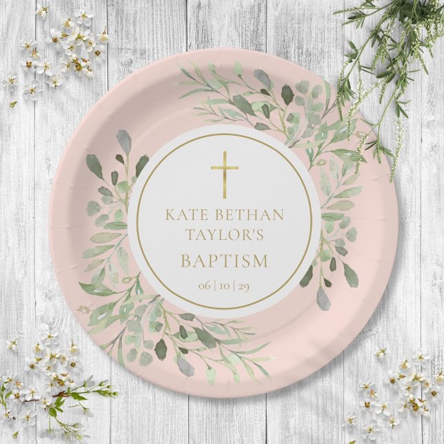 Blush Pink Grüne Taufe Christening Pappteller (Blush Pink Greenery Baptism Christening Paper Plates)