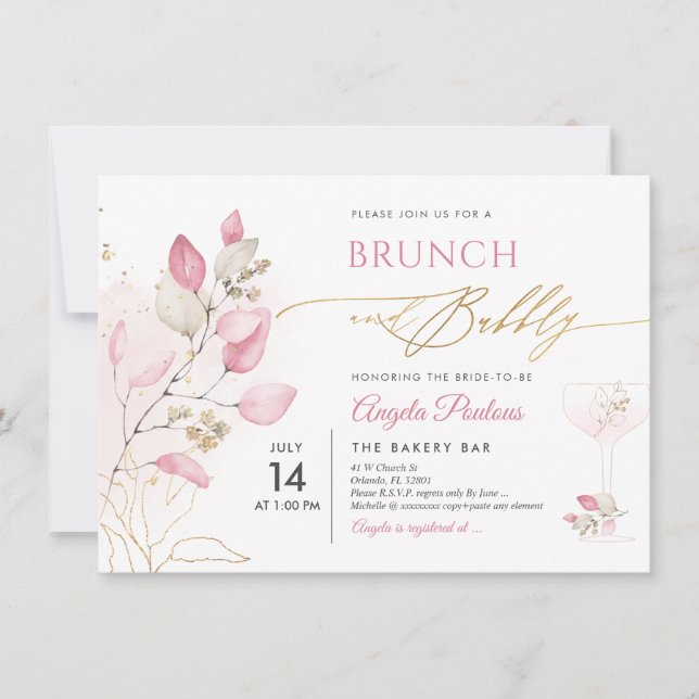 Blush Pink Gum Eukalyptus Brunch Bubbly Einladung (Vorderseite)