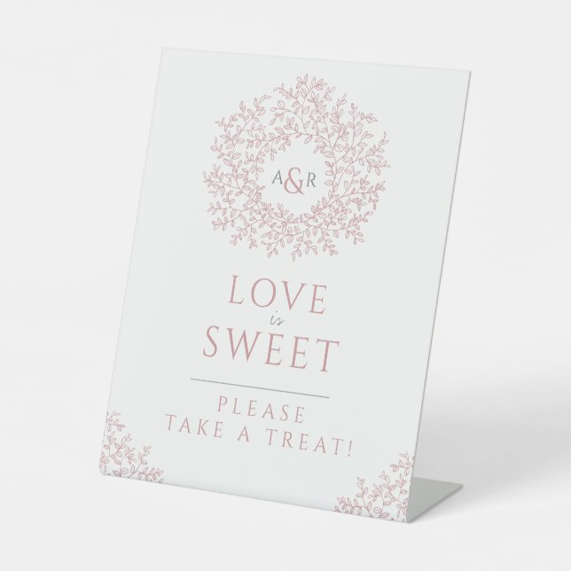 Blush Pink handgezeichnete Blatt Monogramm Hochzei Sockelschild (Vorderseite)