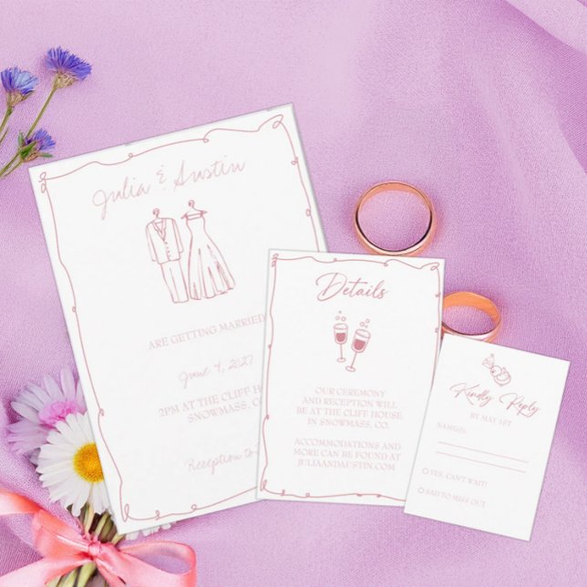 Blush Pink Handgezeichnete Braut und Groom Hochzei Einladung (Von Creator hochgeladen)