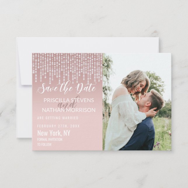 Blush Pink Hanging Diamond Lights Save the Date (Vorderseite)