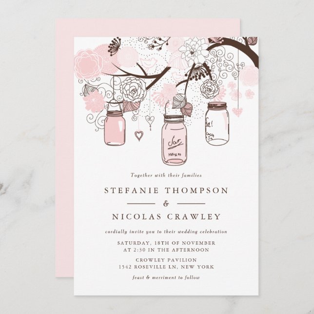 Blush Pink Hanging Mason Jars Wedding Einladung (Vorne/Hinten)