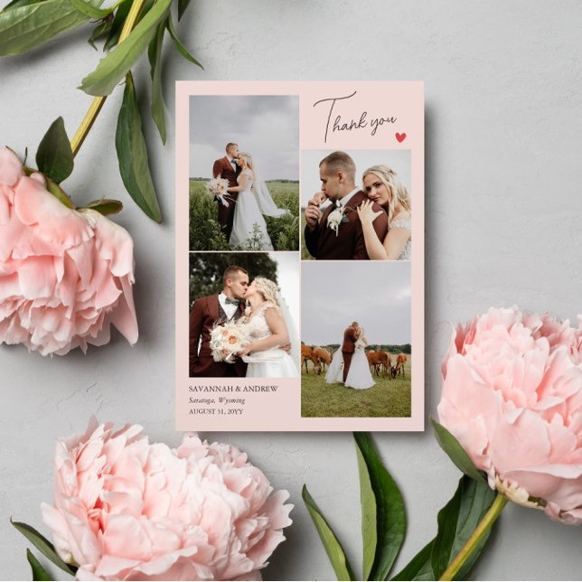 Blush Pink Heart Wedding Photos Thank You Note Dankeskarte (Von Creator hochgeladen)