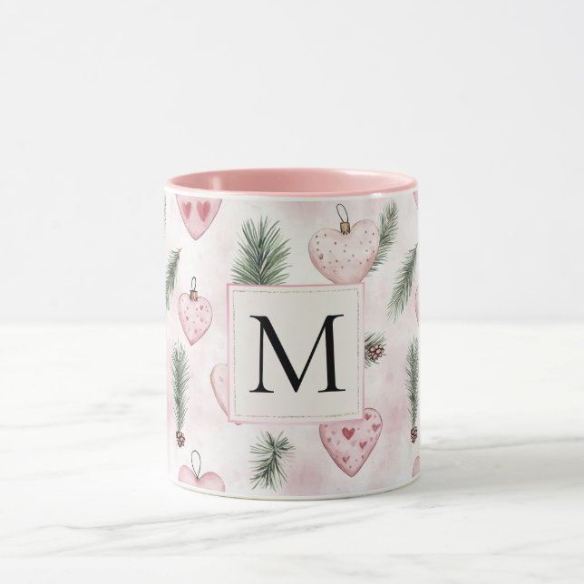 Blush Pink Hearts Christmas Monogram Tasse (Zentrum)