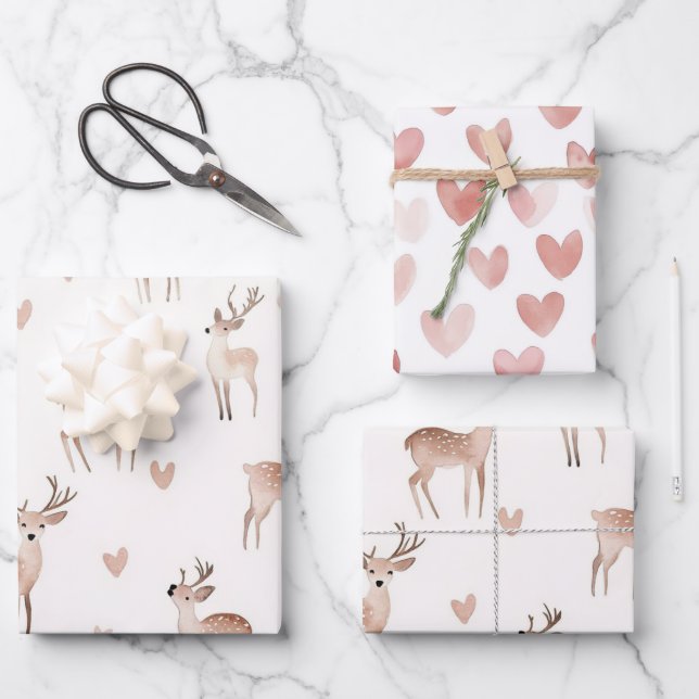 Blush Pink Hearts Cream Deer Christmas Geschenkpapier Set (Vorderseite)