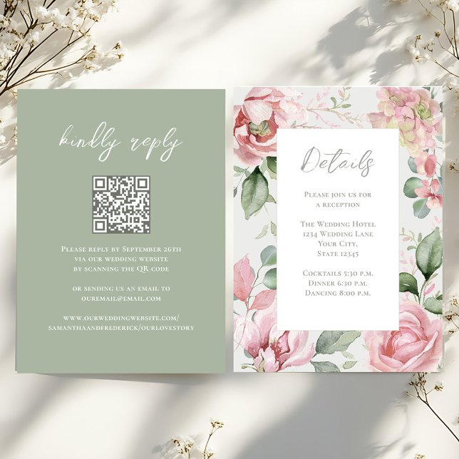 Blush Pink Hochzeitsblume Empfang Begleitkarte (Blush pink floral wedding details card with QR code. )