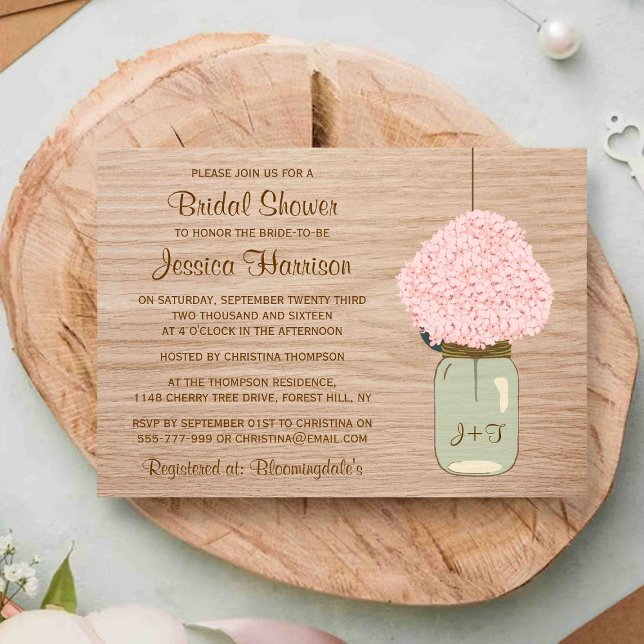Blush Pink Hydrangea & Mason Jar Brautparty Einladung (Von Creator hochgeladen)